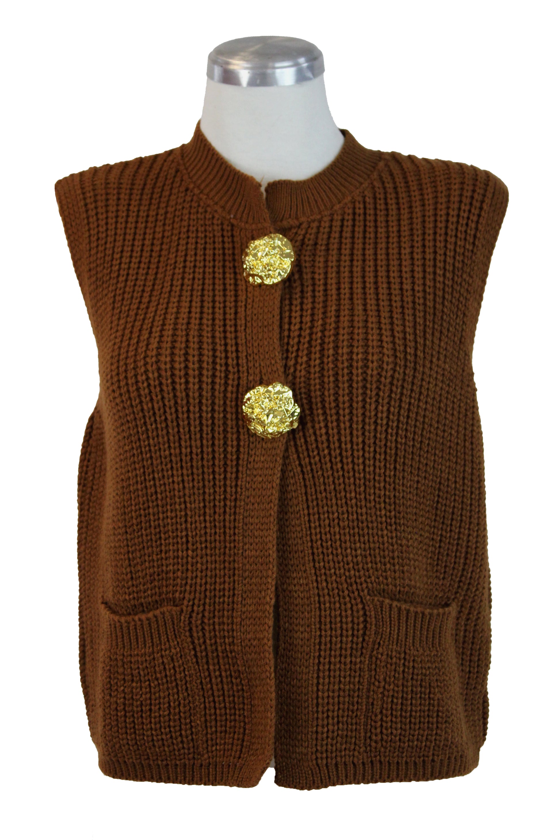 2559 Chaleco Tejido Cuello Punteado Botones Dorados Irregulares