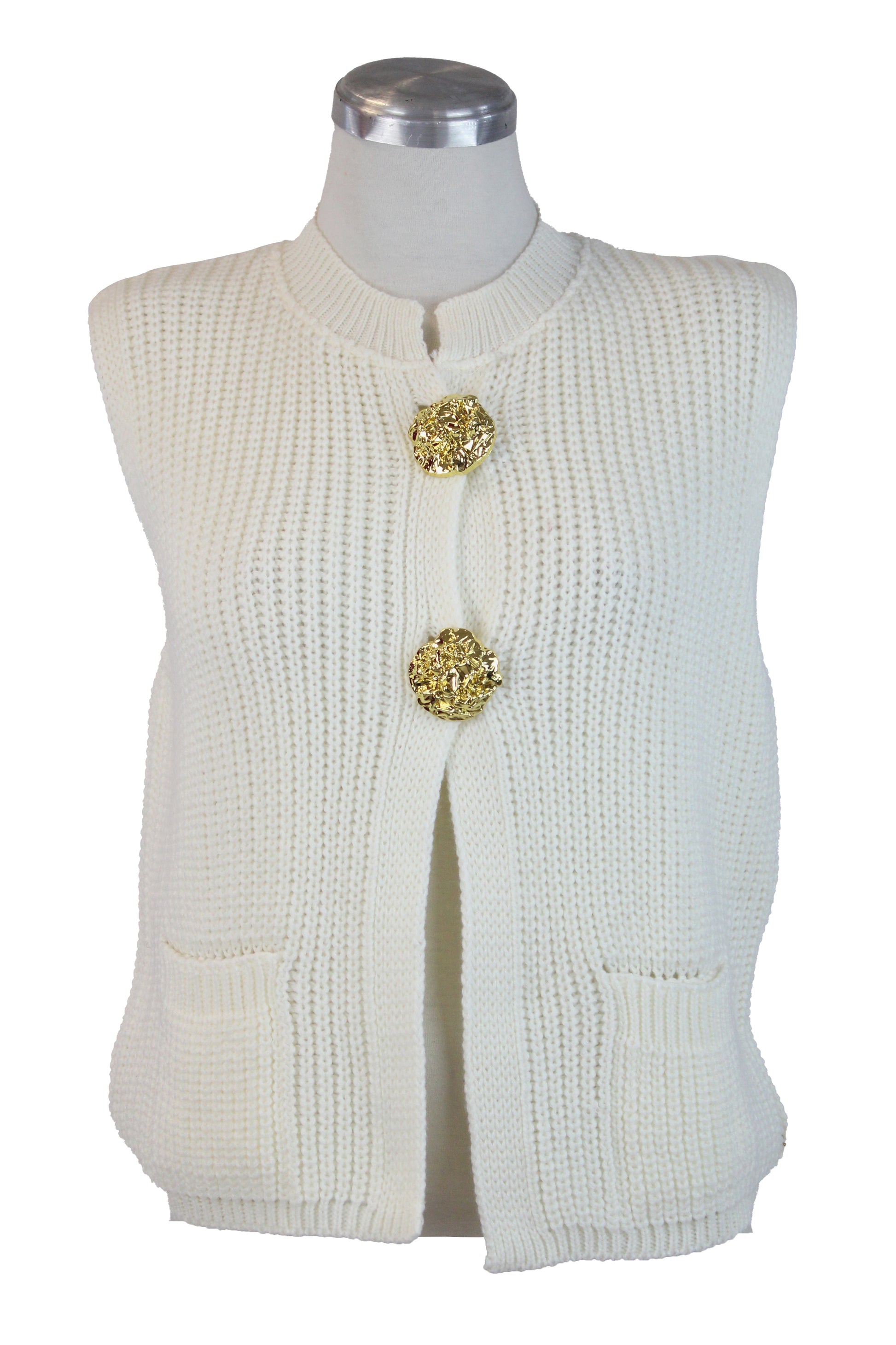 2559 Chaleco Tejido Cuello Punteado Botones Dorados Irregulares