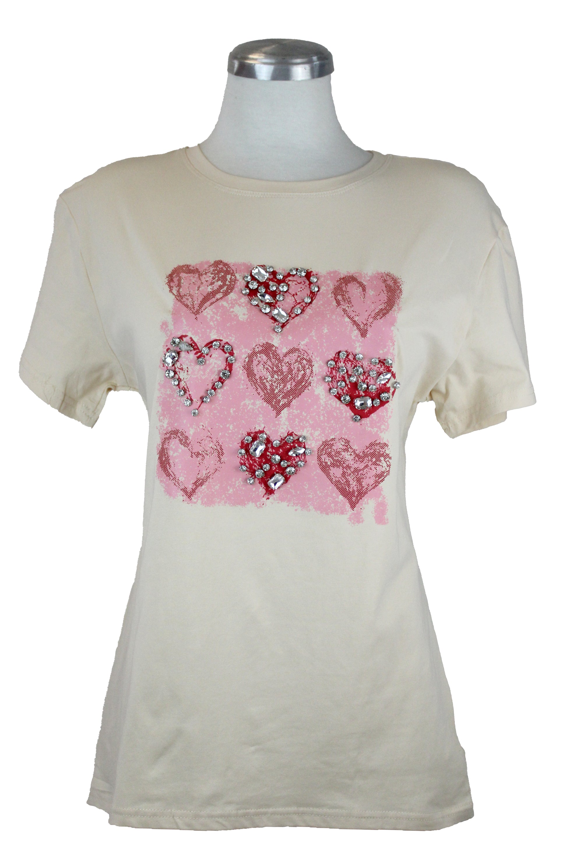 M5552 Playera Con Estampado De Corazones Con Pedreria