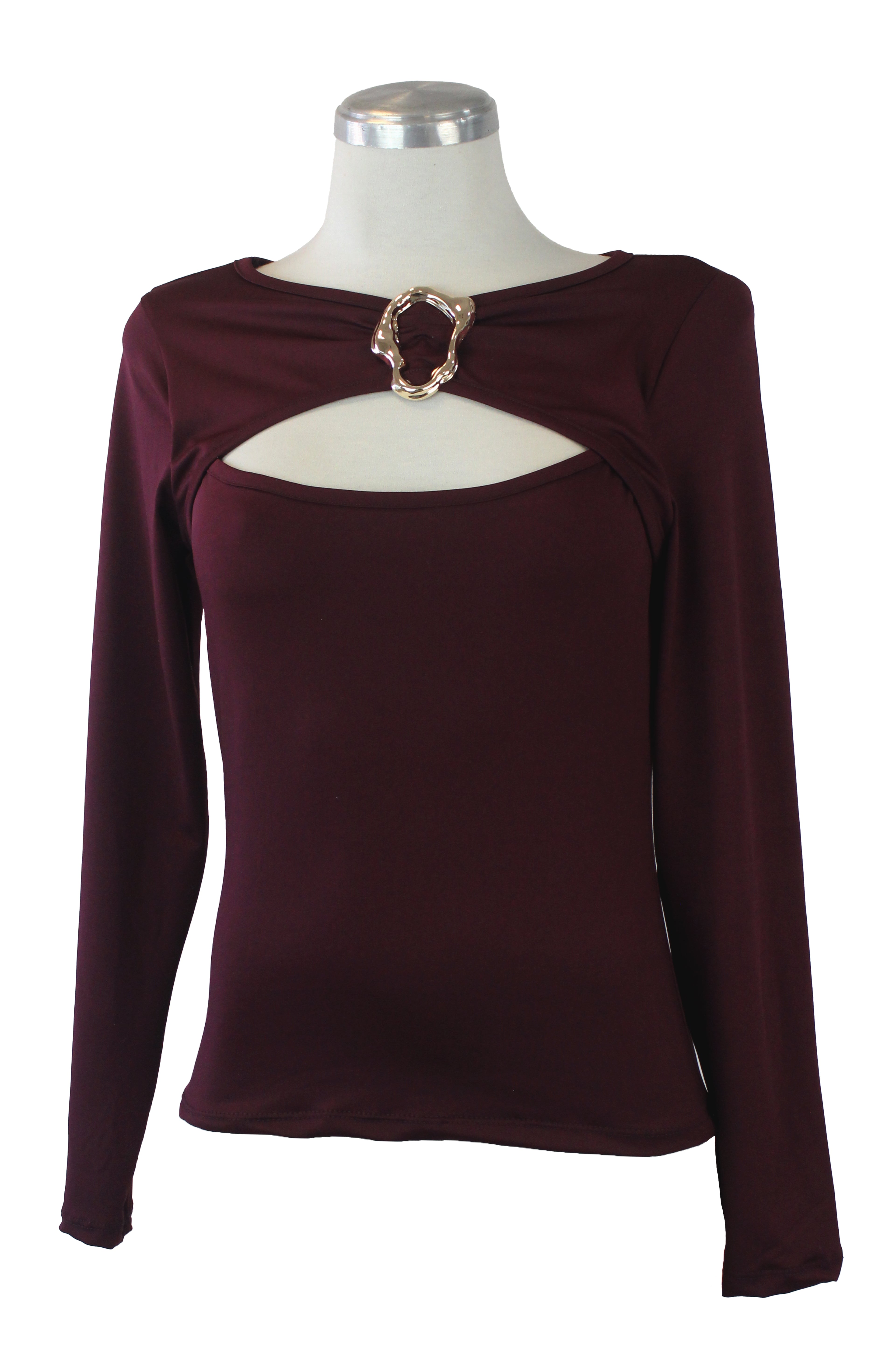 1347LHJ Blusa Lisa con Escote Abierto y Broche Decorativo