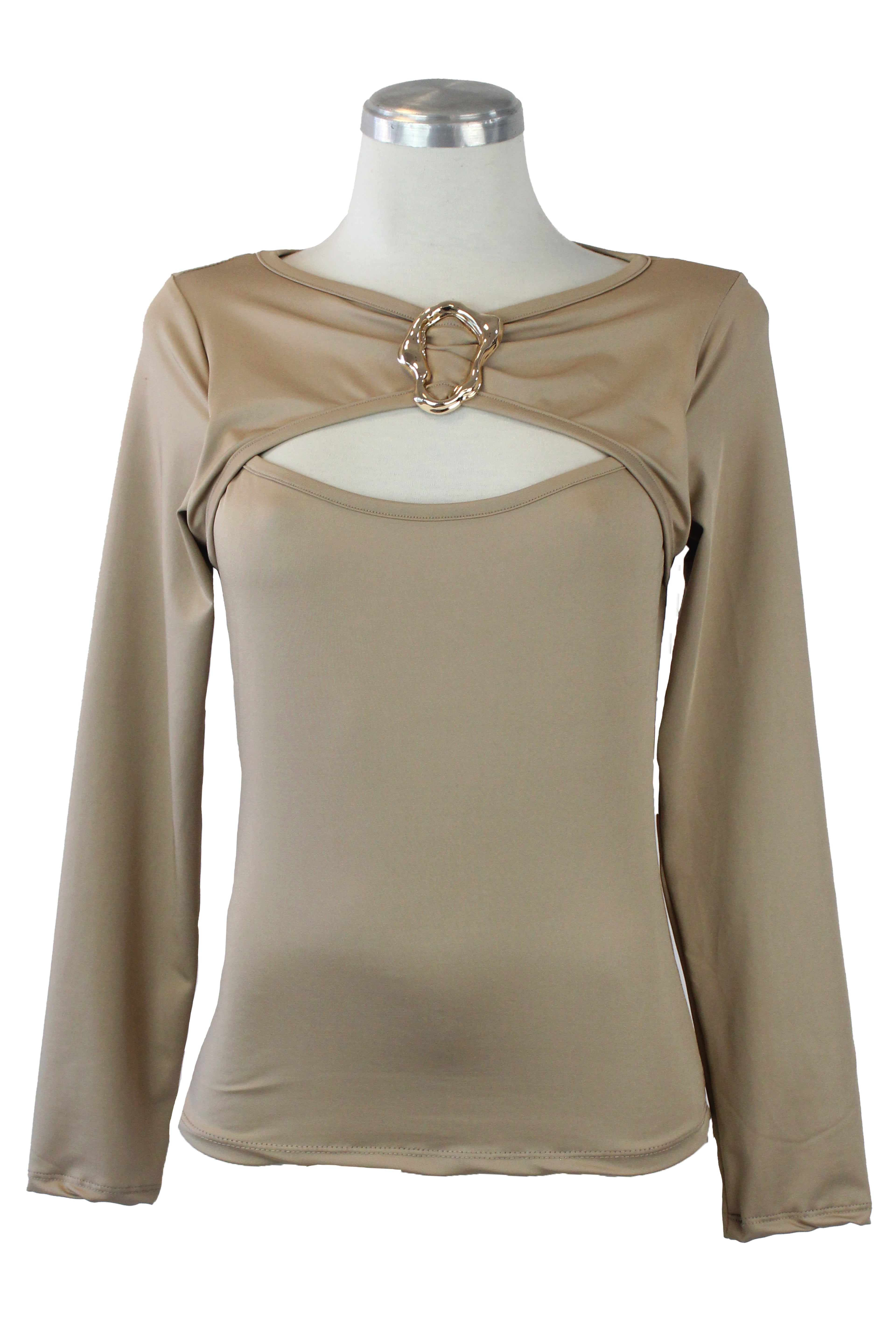 1347LHJ Blusa Lisa con Escote Abierto y Broche Decorativo