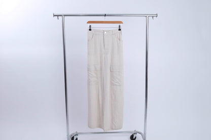 YM15600 Pantalón de Lino Cargo Botón Plateado 2 Bolsas Laterales