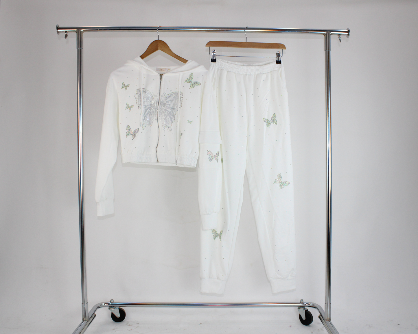 JY91162 Conjunto Pantalon Y Sudadera Con Brillos Y Estampado En Forma de Mariposa