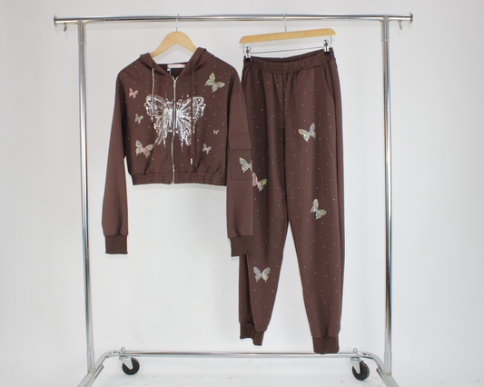 JY91162 Conjunto Pantalon Y Sudadera Con Brillos Y Estampado En Forma de Mariposa