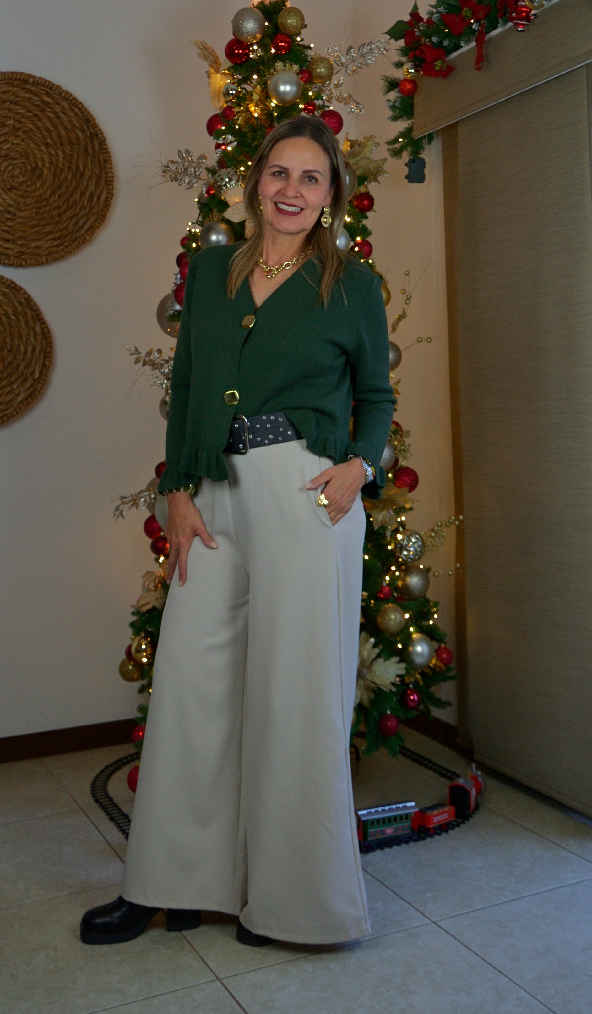 T3428 Pantalón Pierna Ancha Mitad Pretina Mitad Elástico