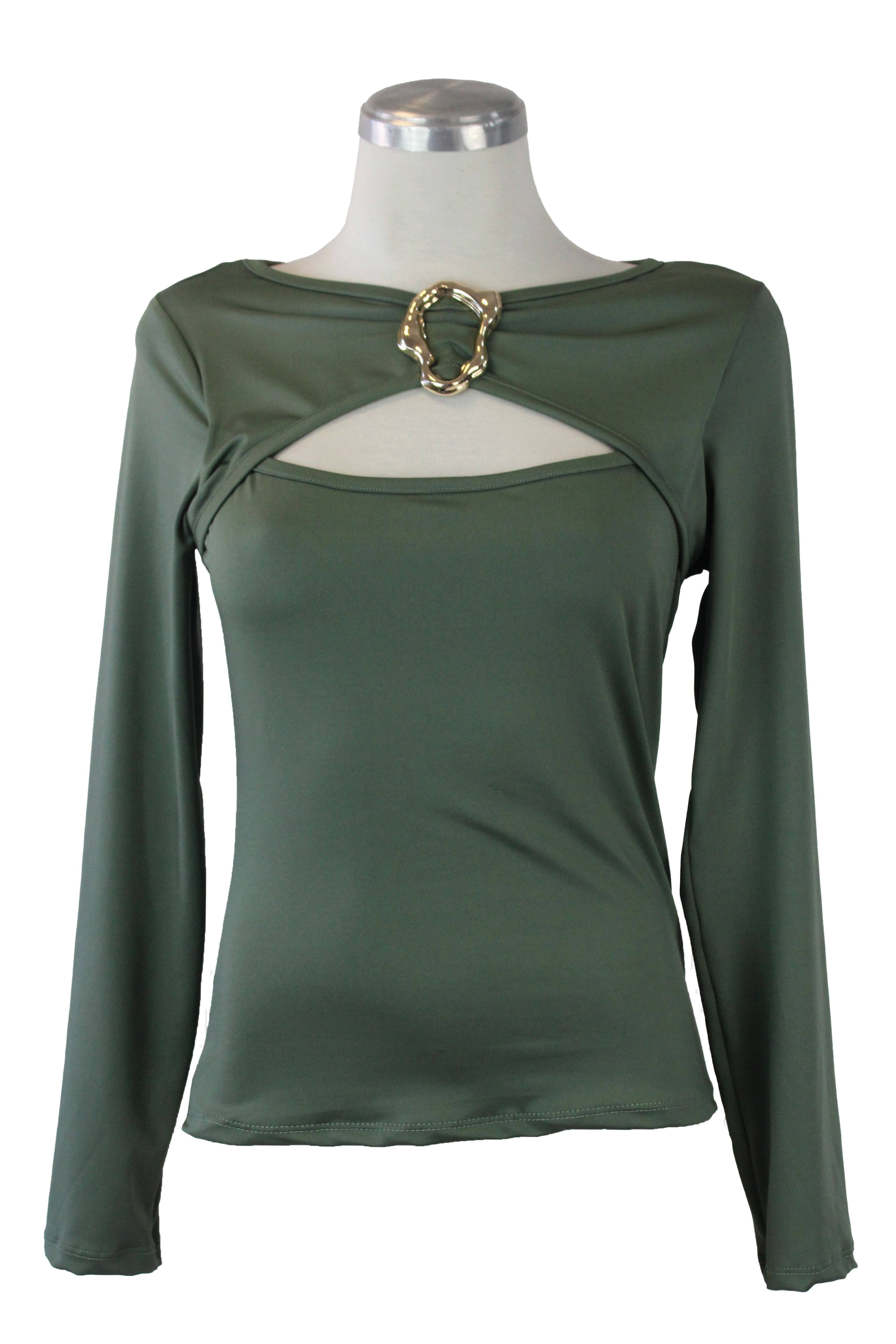 1347LHJ Blusa Lisa con Escote Abierto y Broche Decorativo