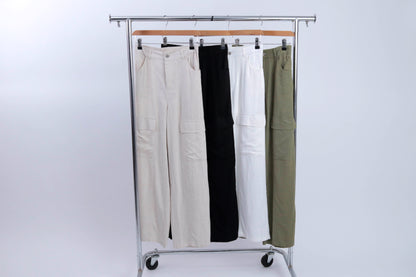 YM15600 Pantalón de Lino Cargo Botón Plateado 2 Bolsas Laterales