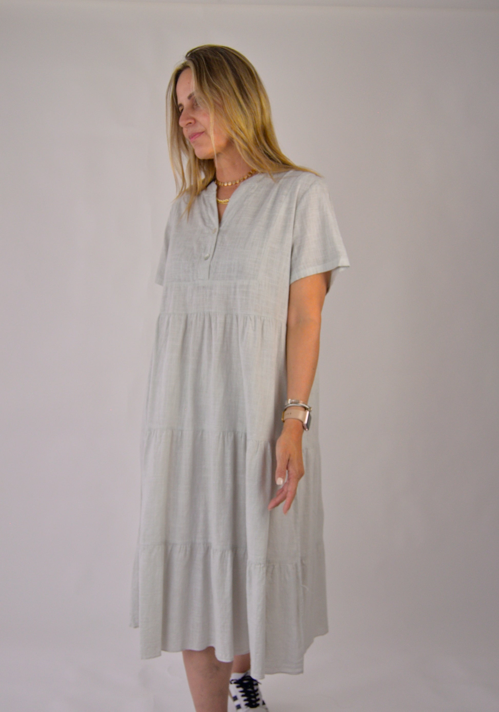 LRS23959 Vestido Largo Tipo Lino Cuello Mao