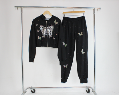 JY91162 Conjunto Pantalon Y Sudadera Con Brillos Y Estampado En Forma de Mariposa