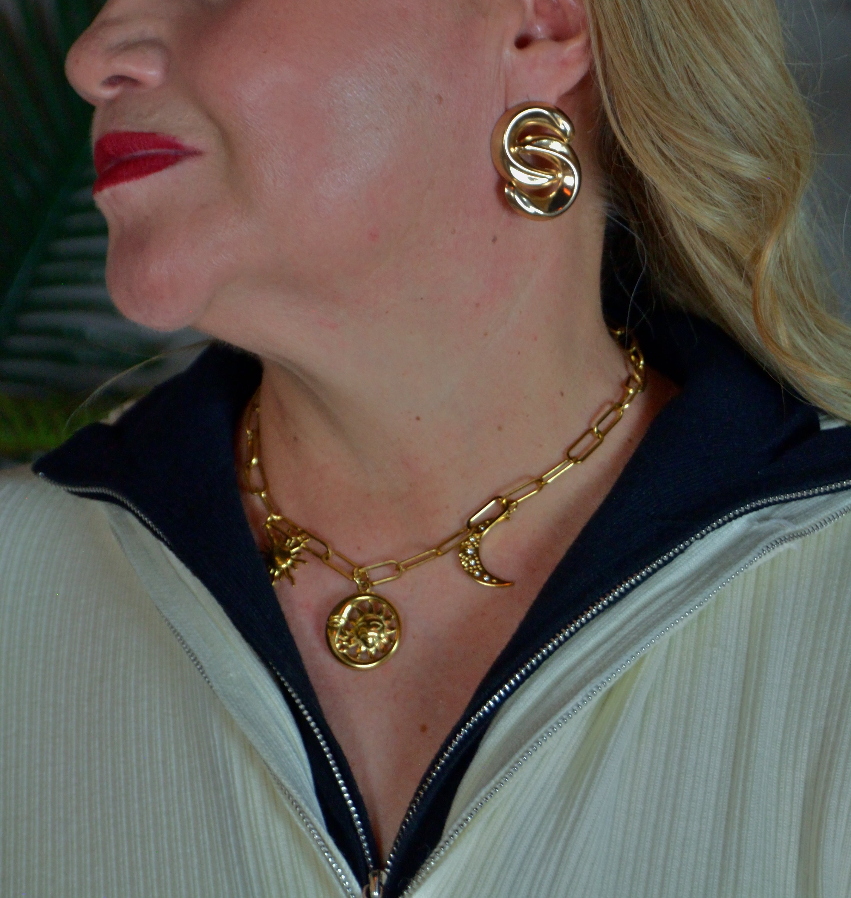 COSLU Collar Maxi Eslabones Dijes Sol y Luna Brillos