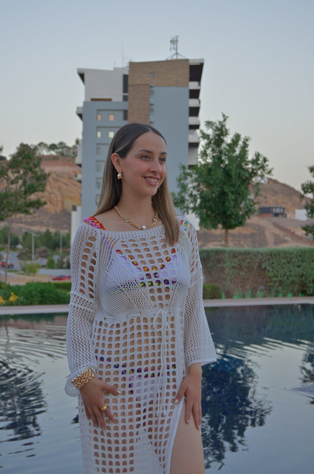 Pareo Vestido Acanalado Cuadro Apertura Lateral Manga 3/4 FS0976