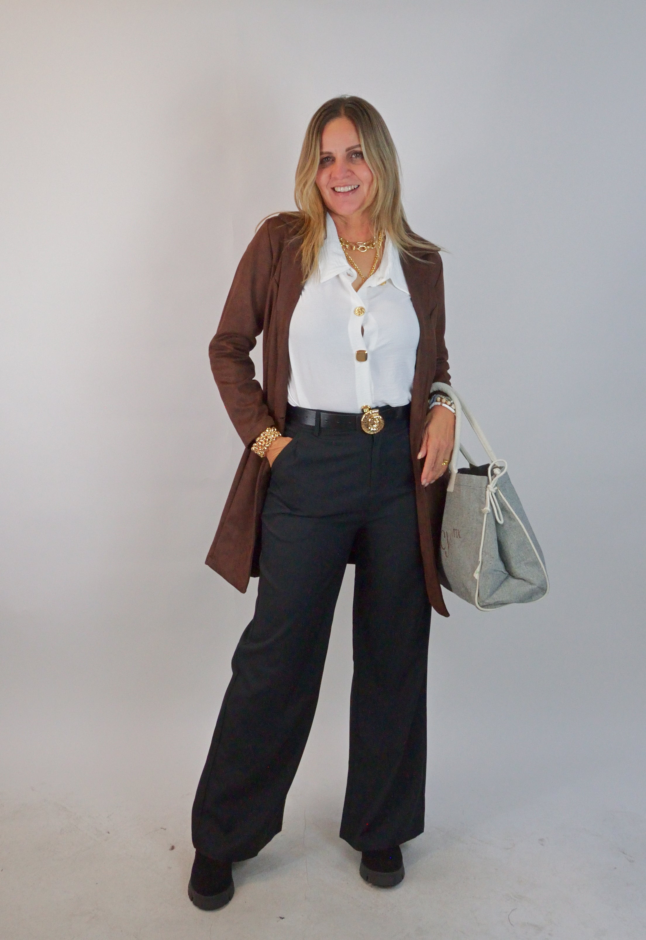 D25819 Pantalón Liso de Vestir Mitad Pretina Mitad Elástico Cinto Hebilla Caracol