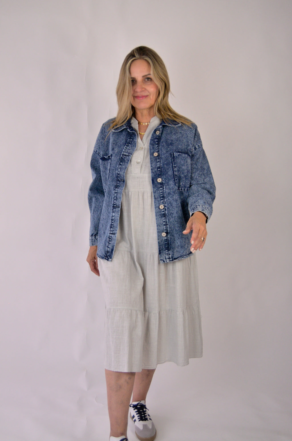 LRS23959 Vestido Largo Tipo Lino Cuello Mao