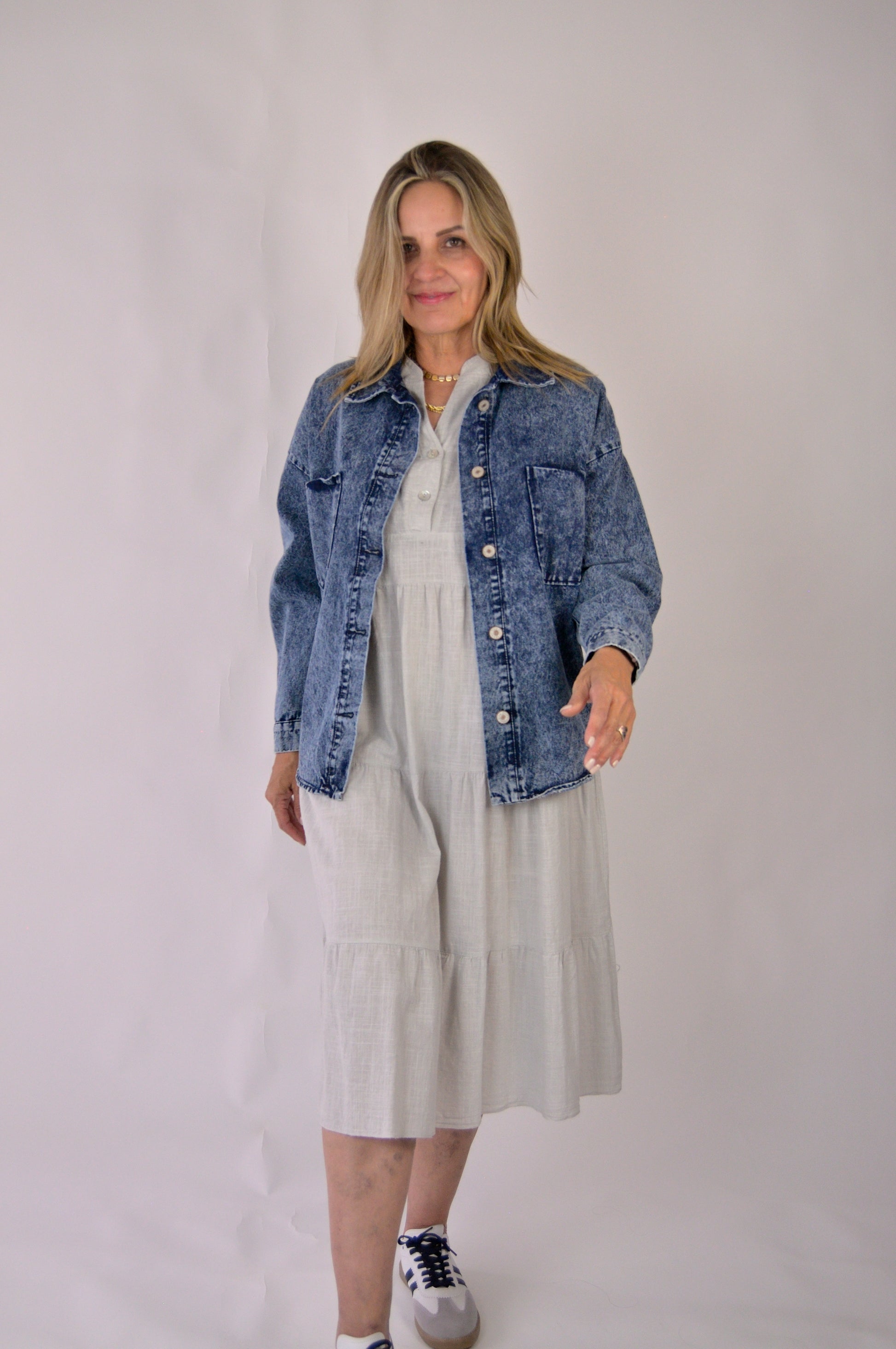LRS23959 Vestido Largo Tipo Lino Cuello Mao