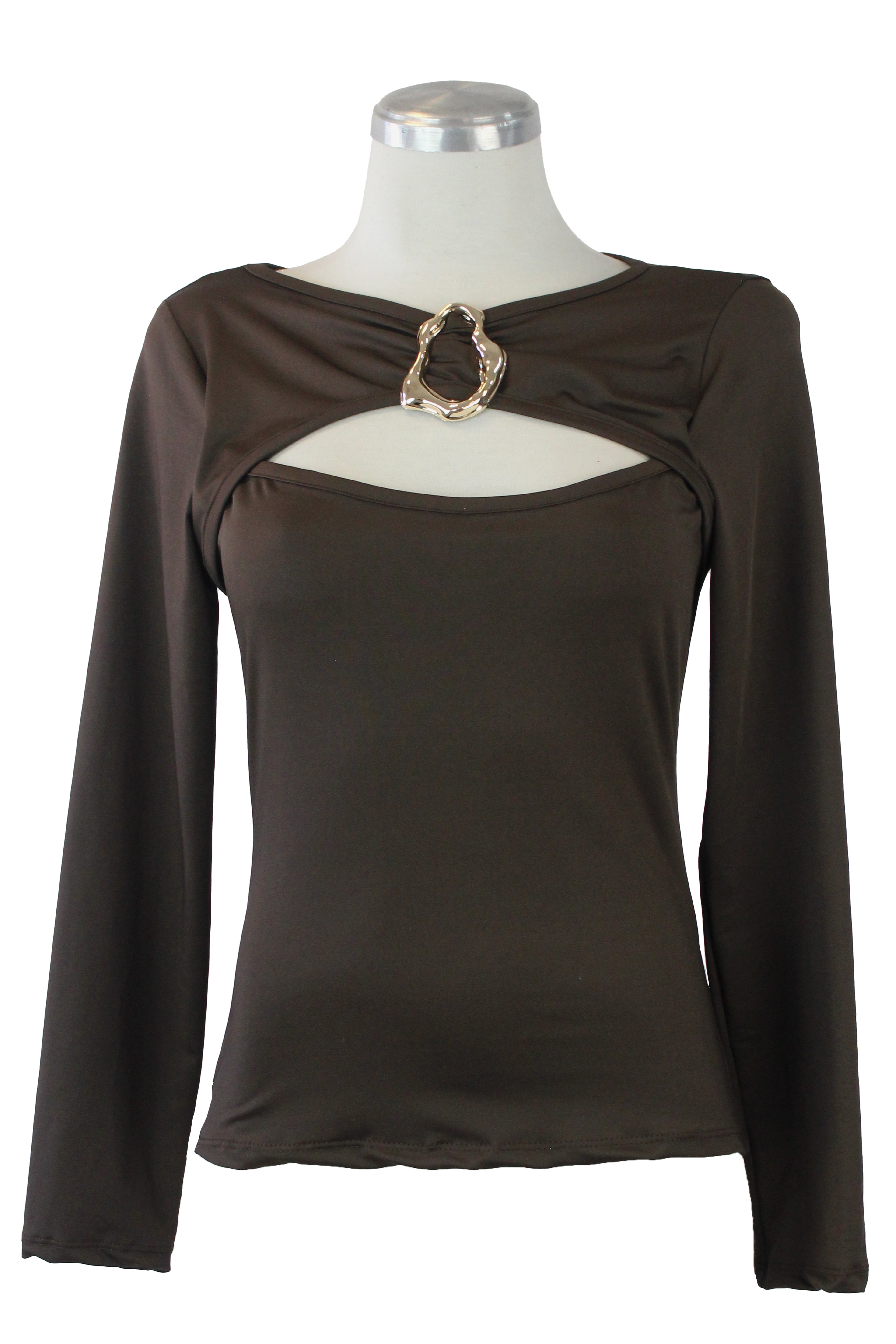 1347LHJ Blusa Lisa con Escote Abierto y Broche Decorativo