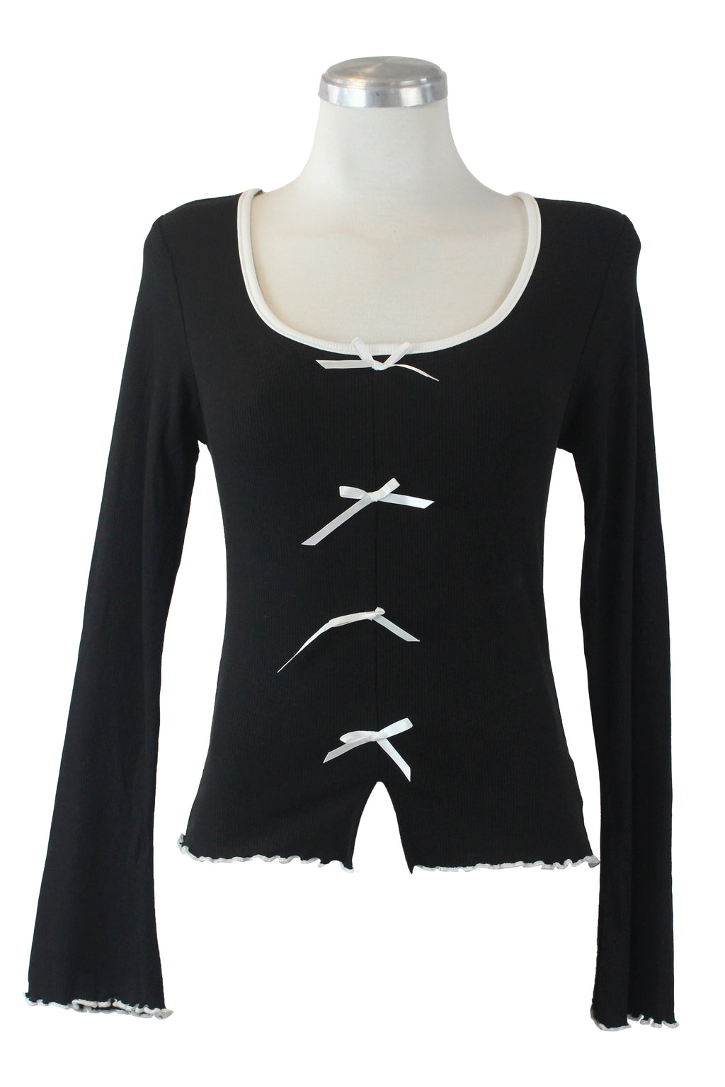 T3397 Blusa Manga Larga con Moñitos y Borde Corrugado