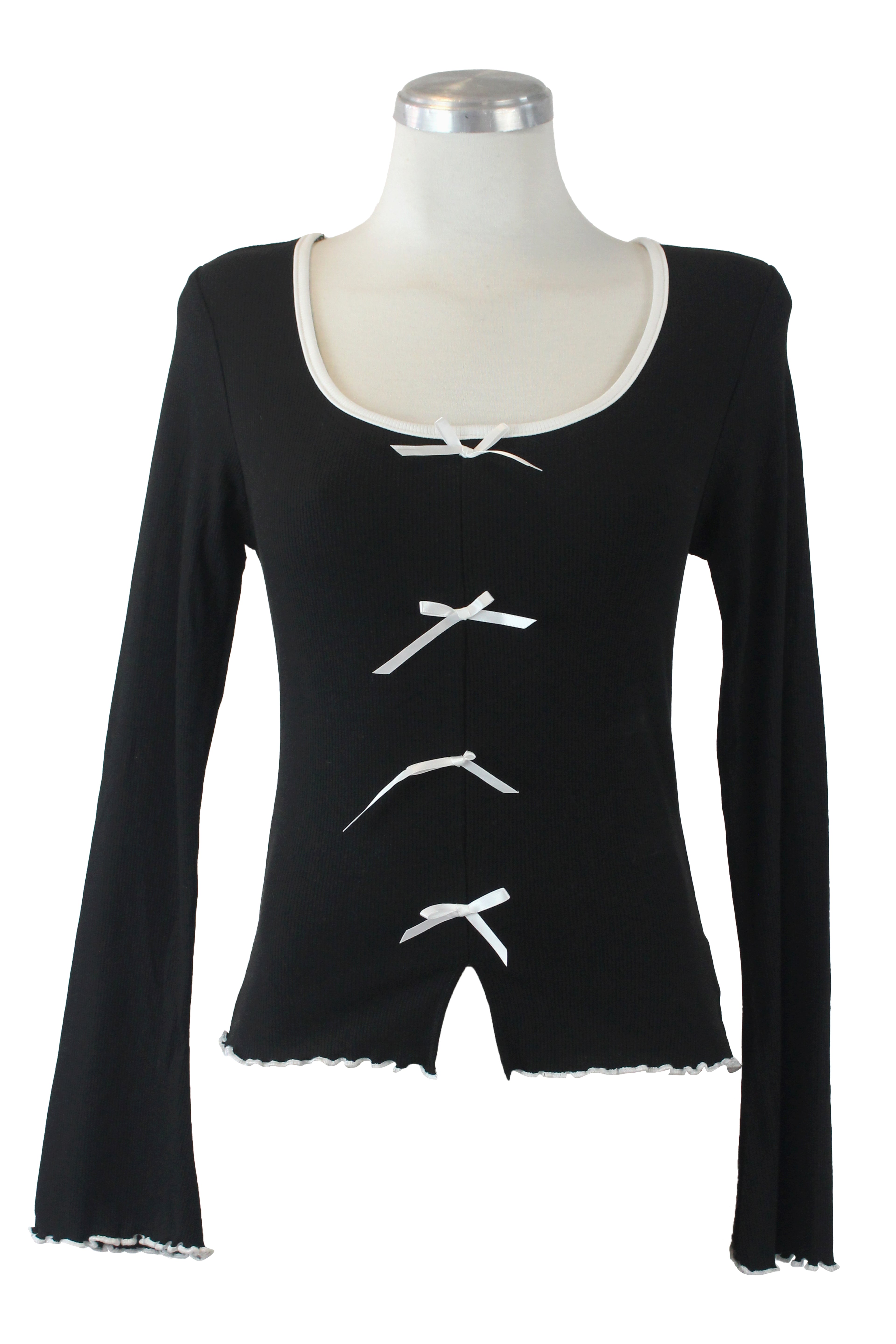 T3397 Blusa Manga Larga con Moñitos y Borde Corrugado