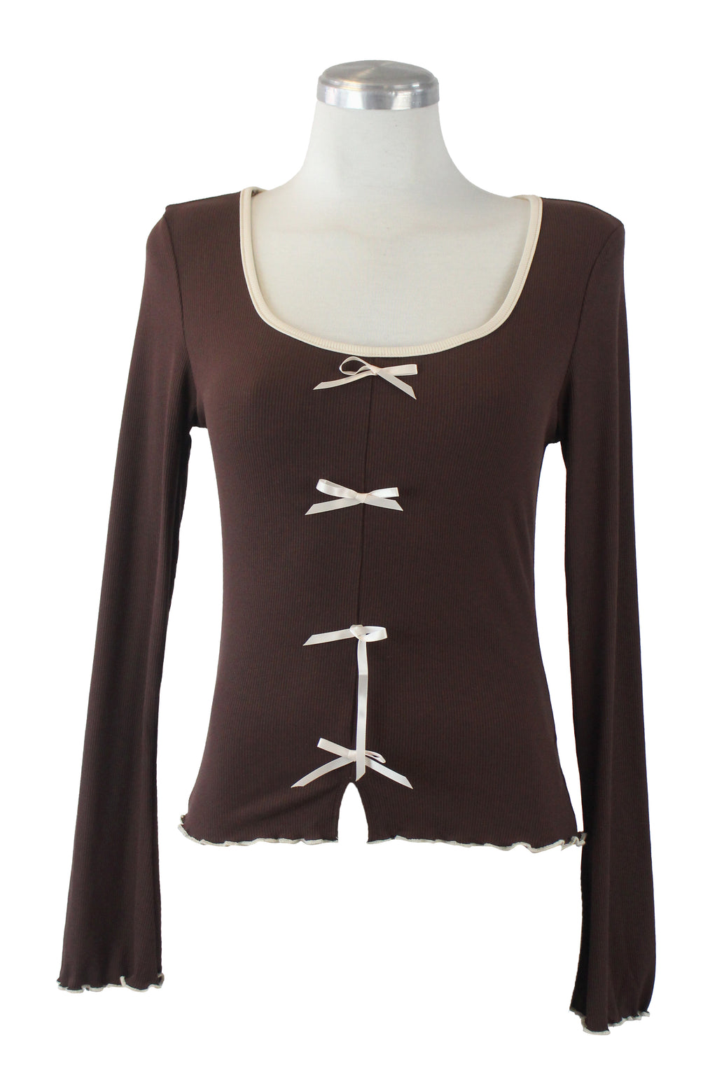 T3397 Blusa Manga Larga con Moñitos y Borde Corrugado