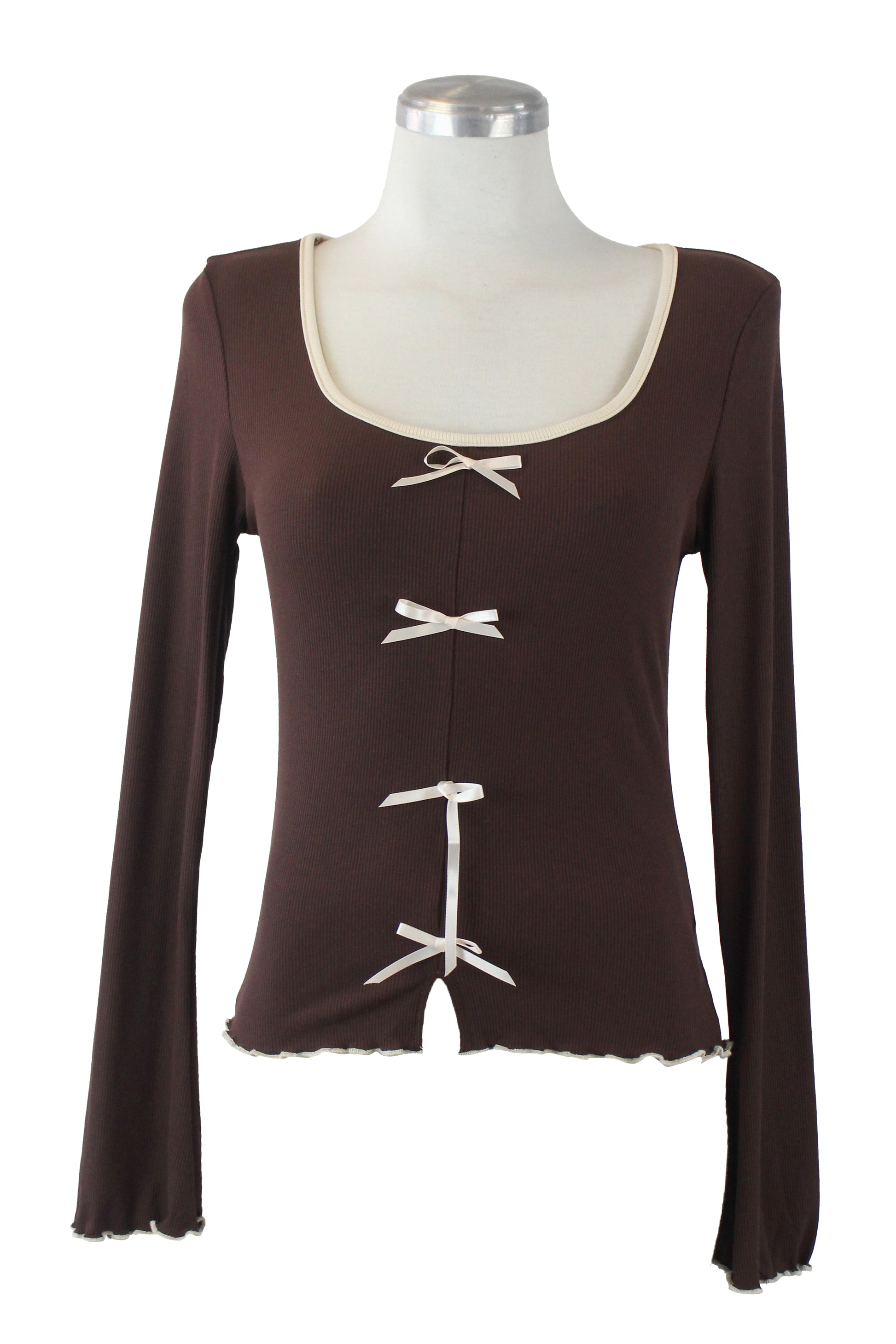 T3397 Blusa Manga Larga con Moñitos y Borde Corrugado