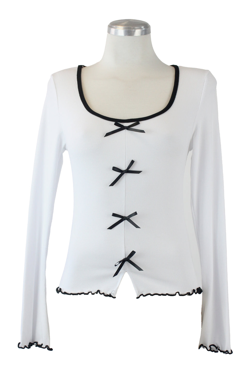 T3397 Blusa Manga Larga con Moñitos y Borde Corrugado