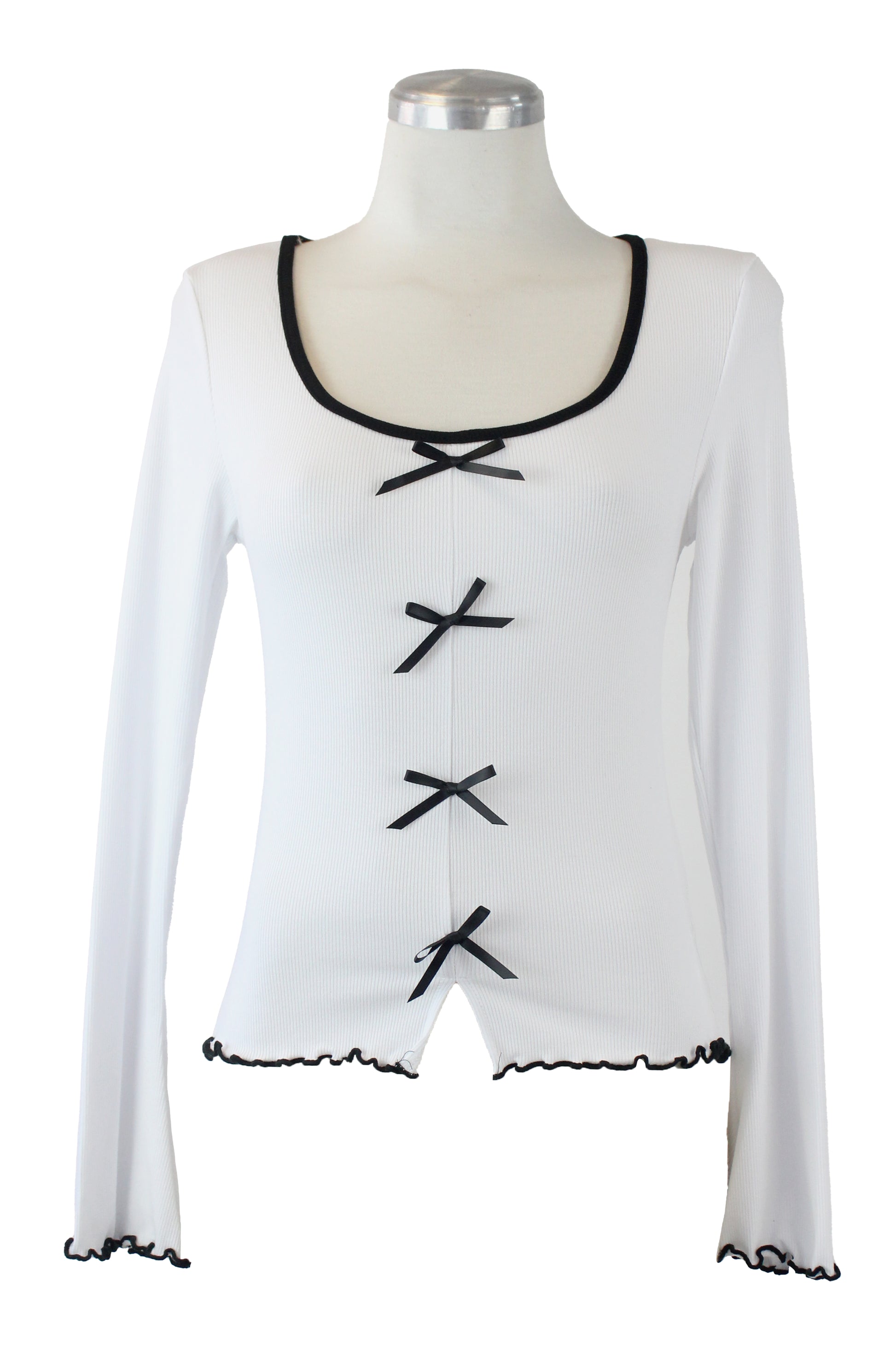 T3397 Blusa Manga Larga con Moñitos y Borde Corrugado