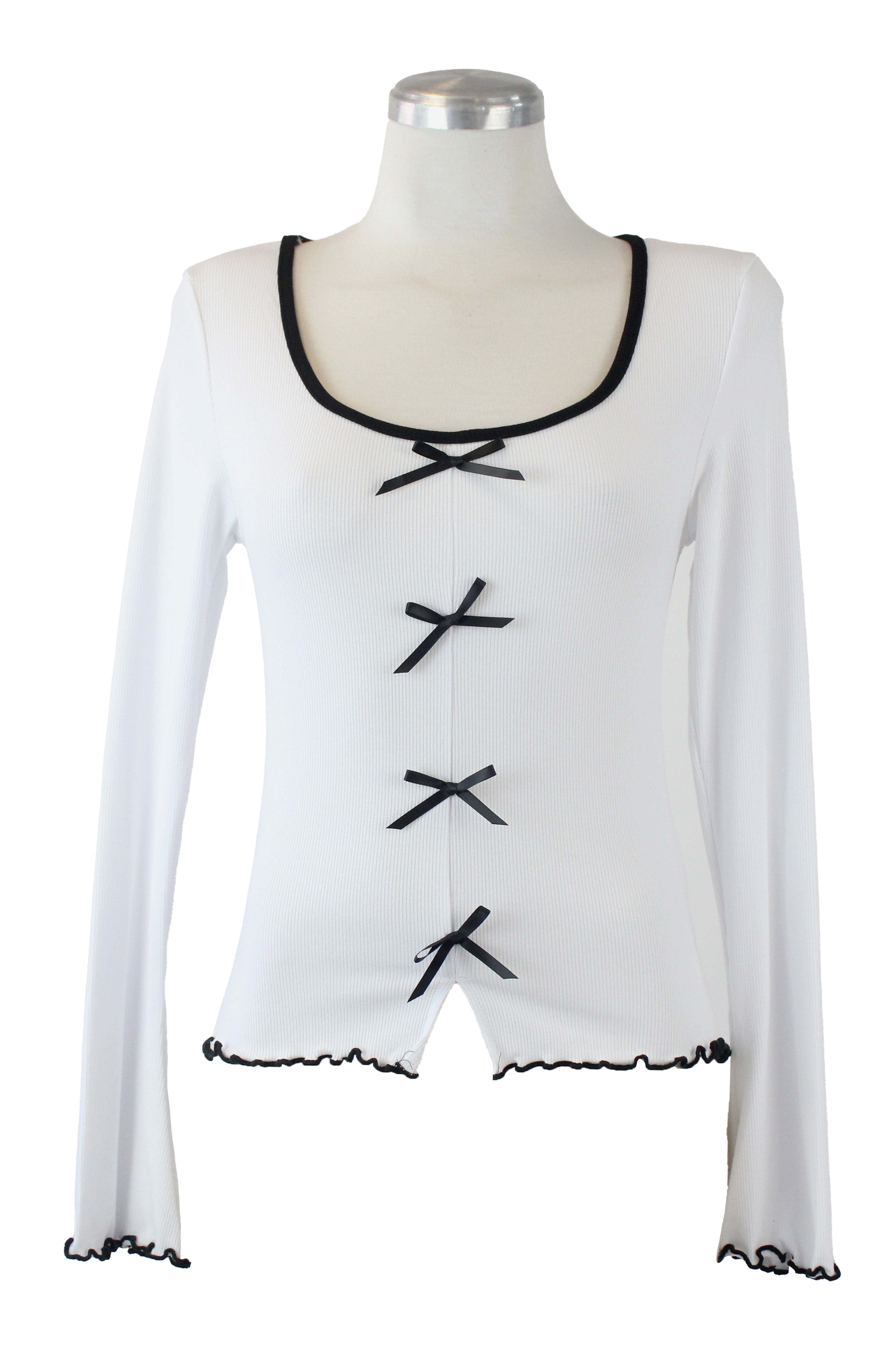 T3397 Blusa Manga Larga con Moñitos y Borde Corrugado