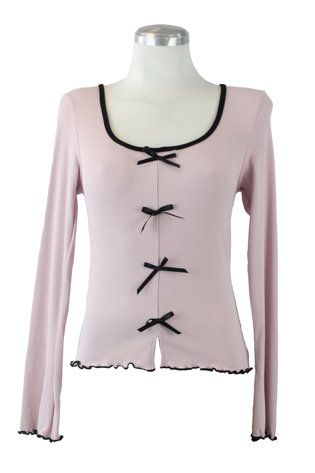 T3397 Blusa Manga Larga con Moñitos y Borde Corrugado