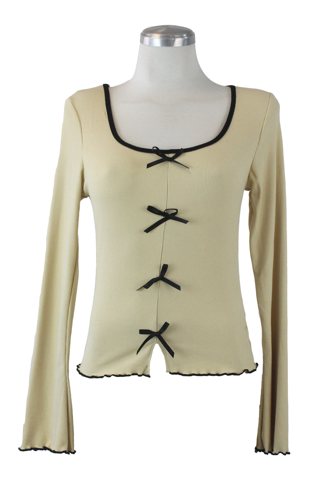 T3397 Blusa Manga Larga con Moñitos y Borde Corrugado