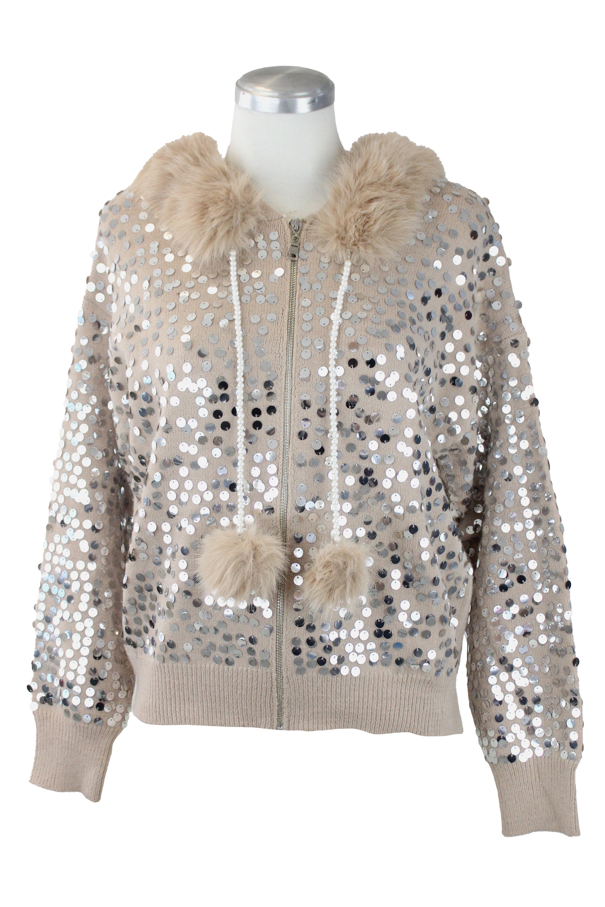 T1913 Chamarra Lentejuelas con Peluche Cordones Aperlados
