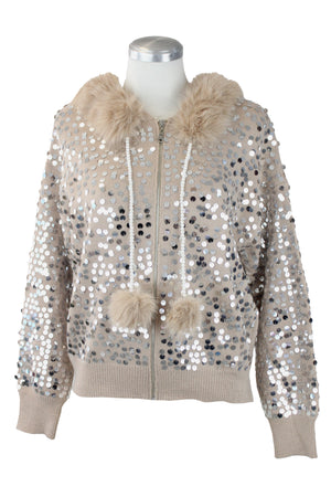 T1913 Chamarra Lentejuelas con Peluche Cordones Aperlados