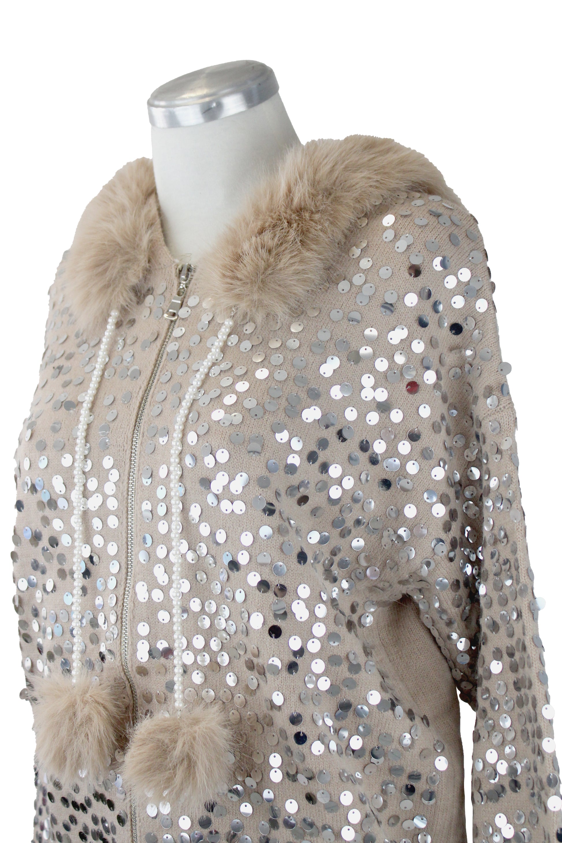 T1913 Chamarra Lentejuelas con Peluche Cordones Aperlados