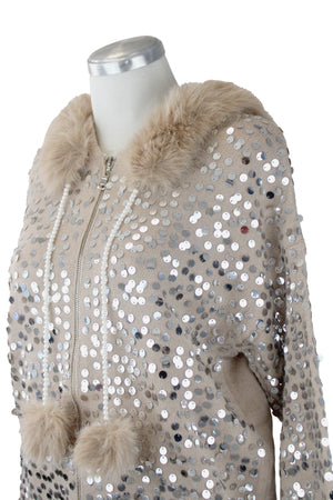 T1913 Chamarra Lentejuelas con Peluche Cordones Aperlados