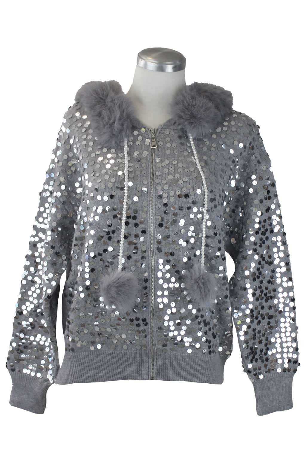 T1913 Chamarra Lentejuelas con Peluche Cordones Aperlados