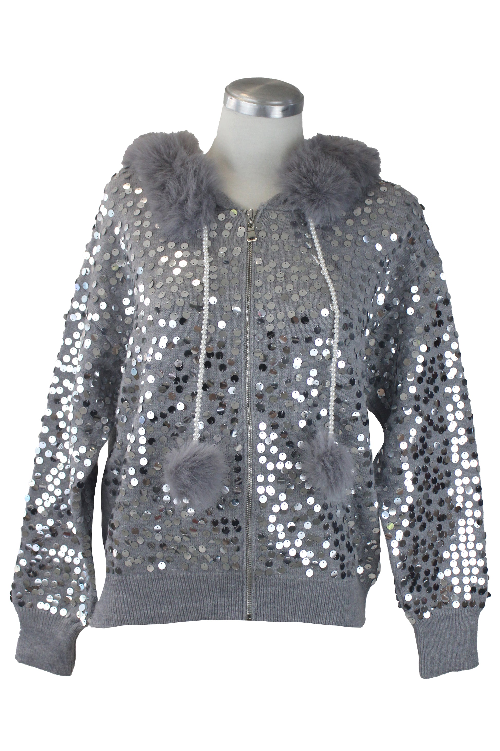 T1913 Chamarra Lentejuelas con Peluche Cordones Aperlados