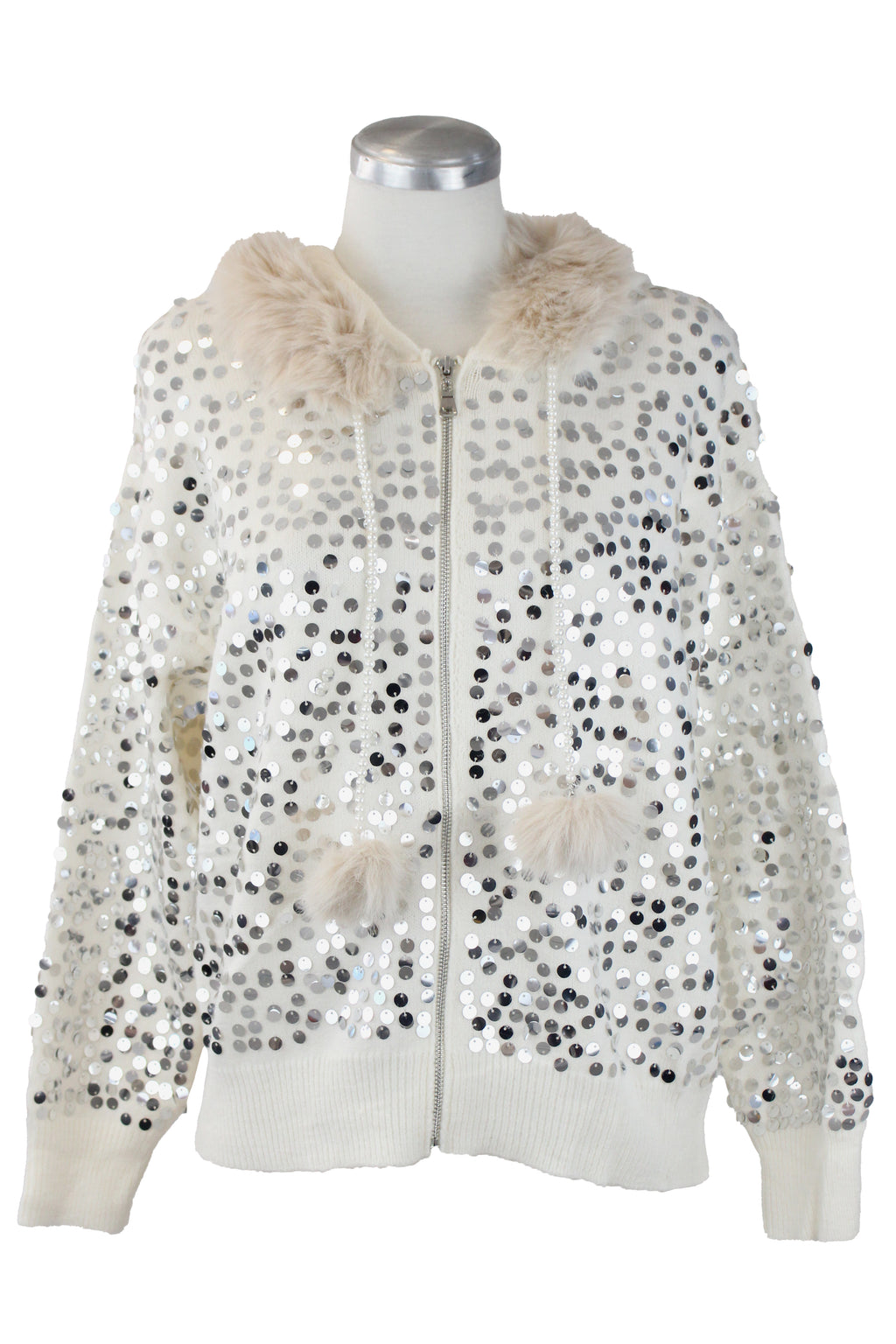 T1913 Chamarra Lentejuelas con Peluche Cordones Aperlados