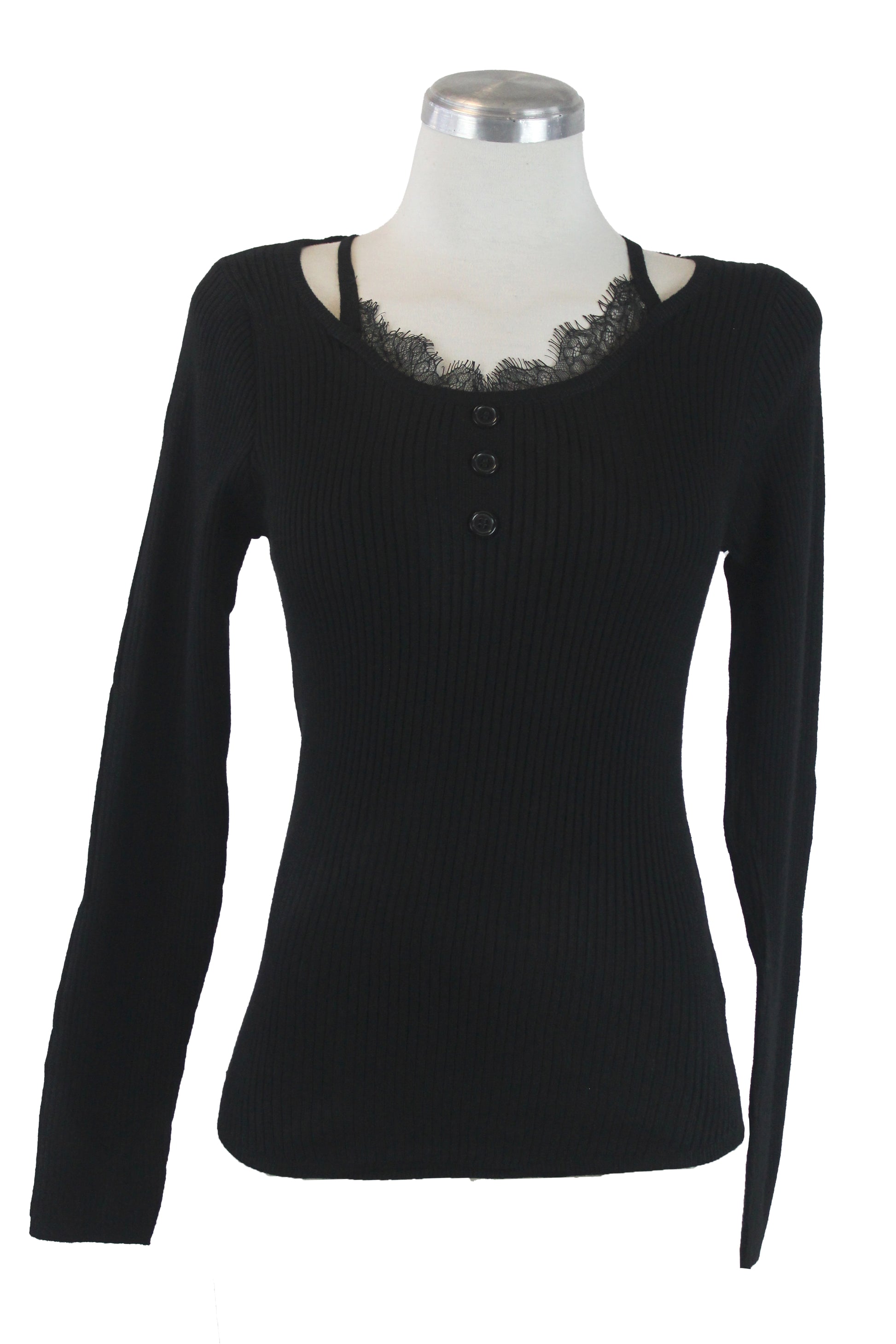 SQY-30037 Blusa Tejida de Manga Larga con Tirantes y Encaje