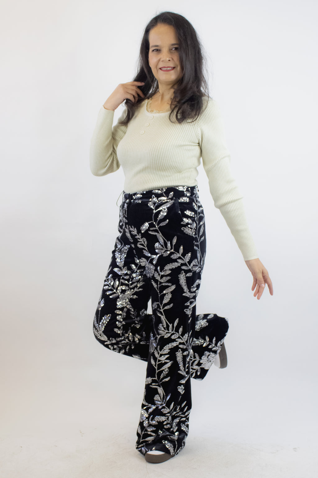 980035 Pantalon Aterciopelada Con Diseño De Lentejuelas