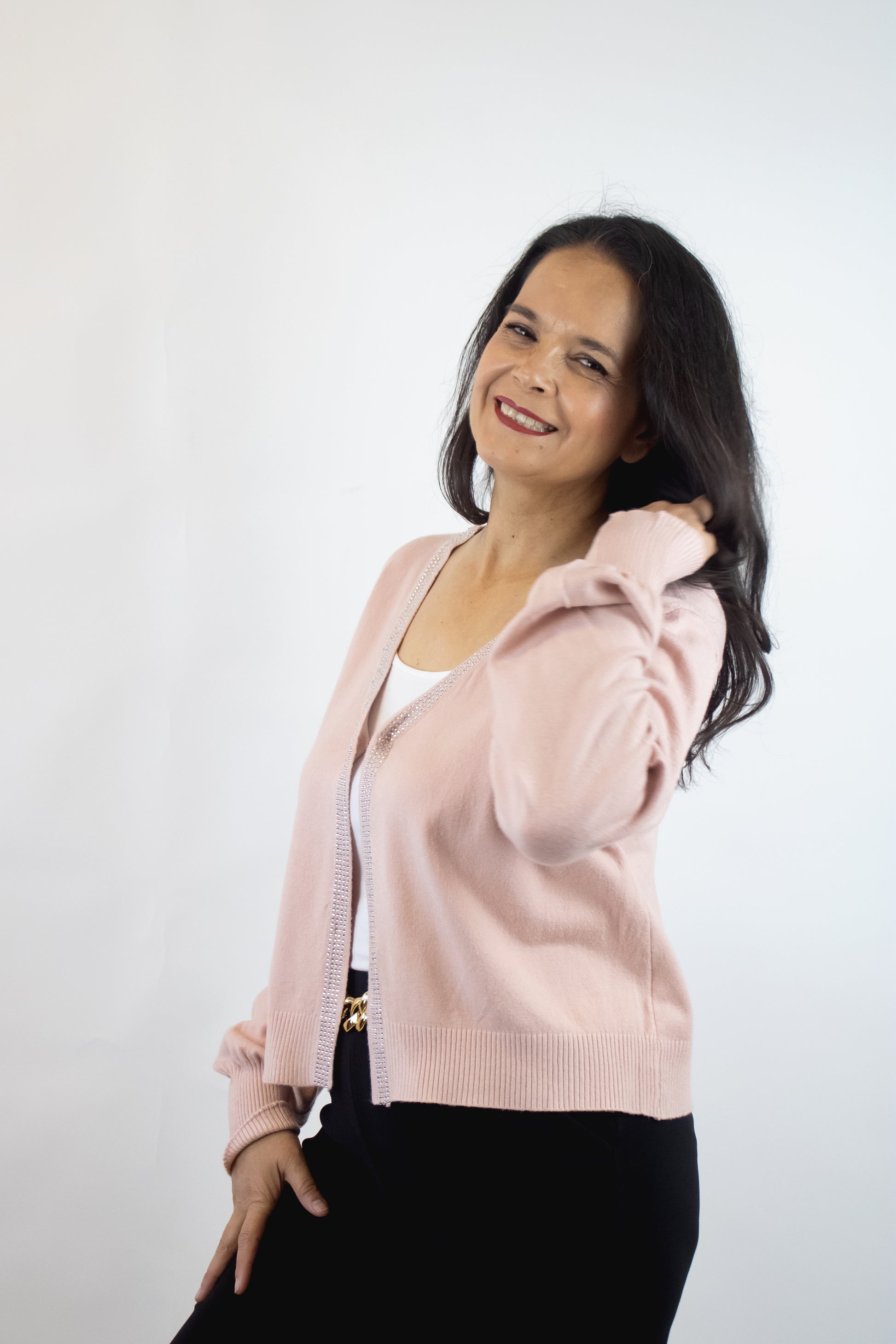 SQY-30045 Suéter con Cuello y Cierre de Brillos y Botón de Gancho