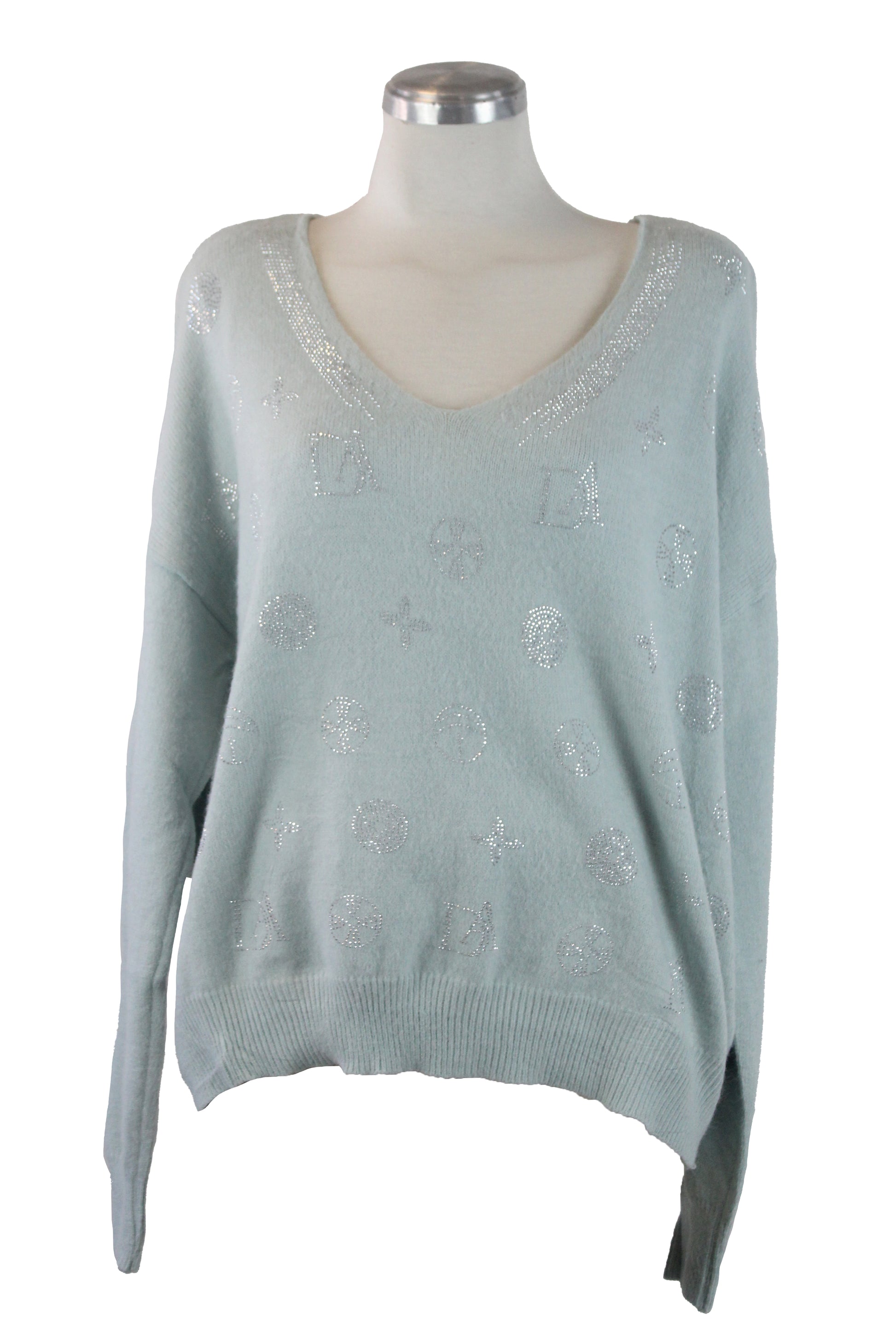 SQY30058 Suéter de Cuello V y Figuras de Brillos