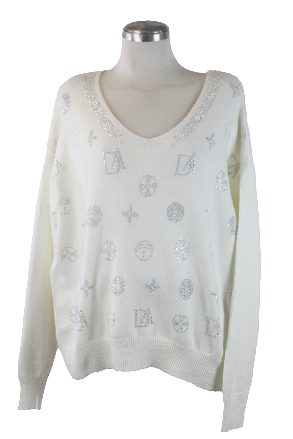 SQY30058 Suéter de Cuello V y Figuras de Brillos
