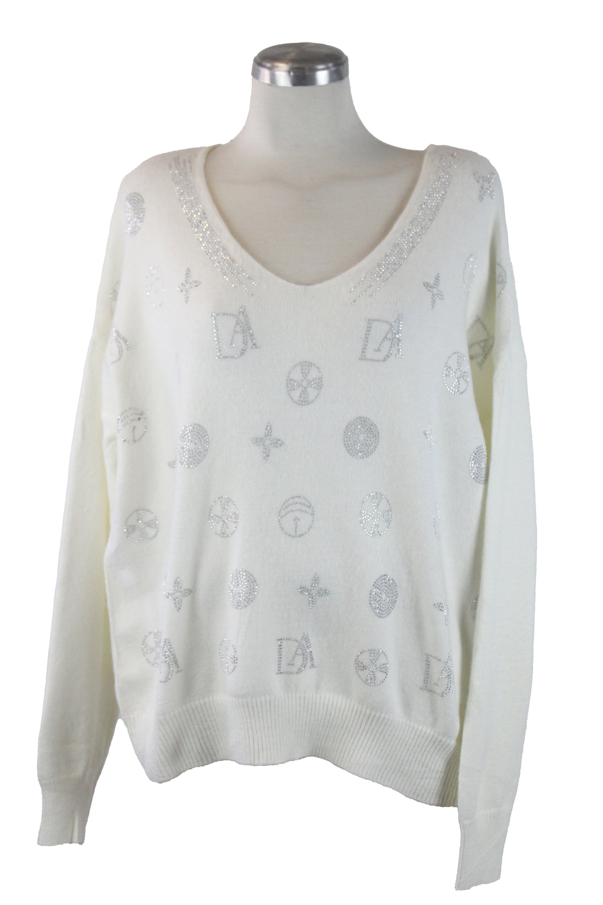 SQY30058 Suéter de Cuello V y Figuras de Brillos