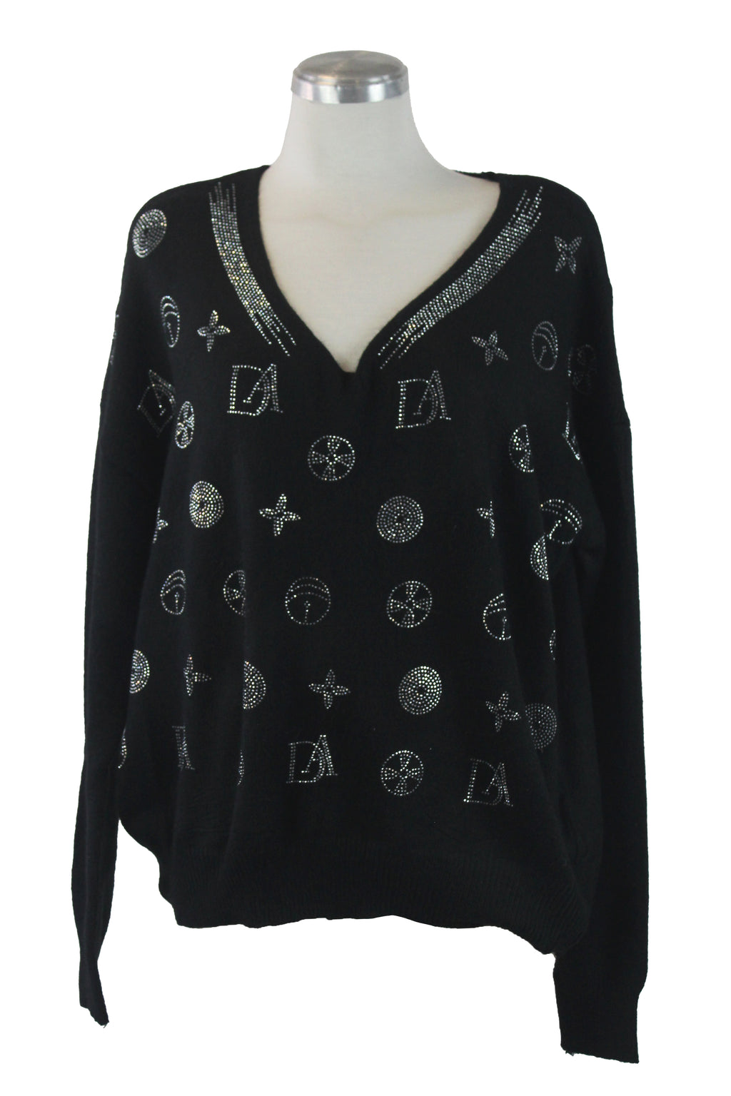 SQY30058 Suéter de Cuello V y Figuras de Brillos