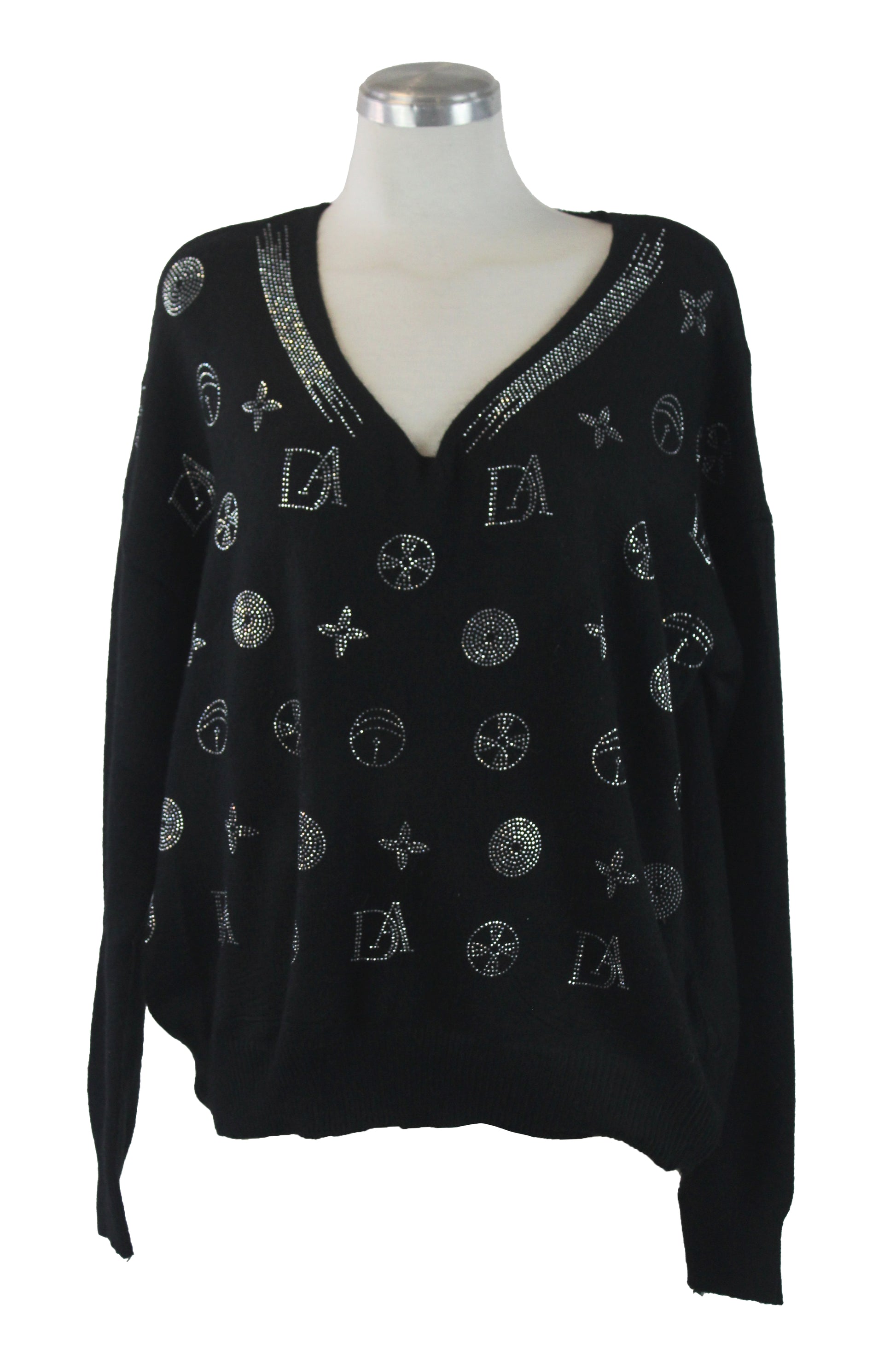 SQY30058 Suéter de Cuello V y Figuras de Brillos