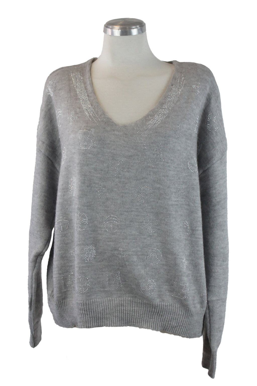 SQY30058 Suéter de Cuello V y Figuras de Brillos