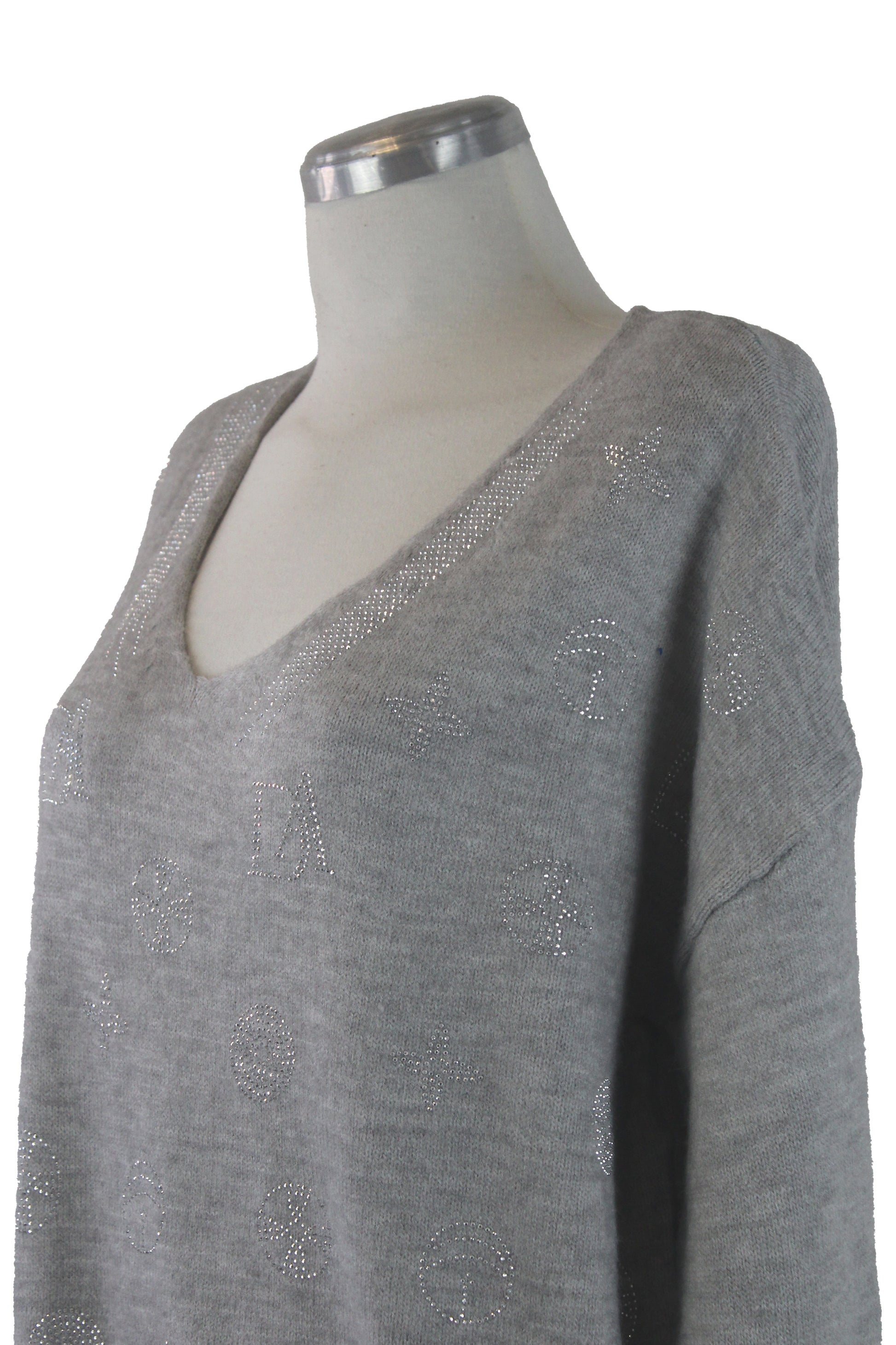 SQY30058 Suéter de Cuello V y Figuras de Brillos