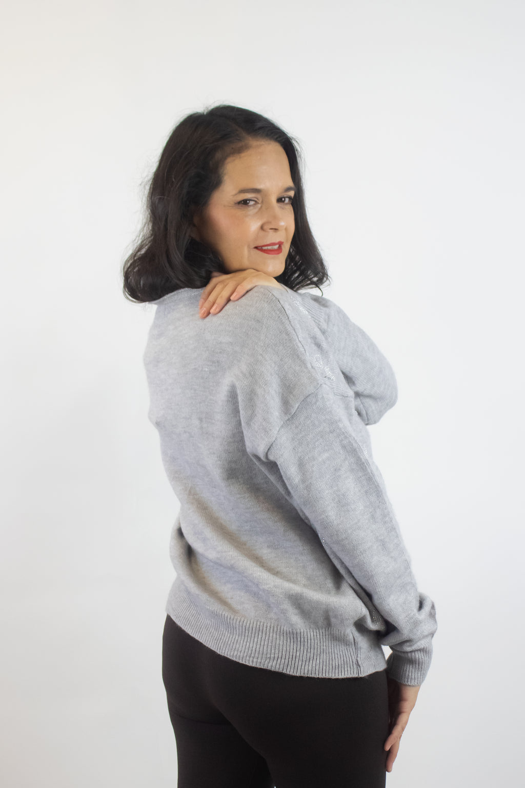 SQY30058 Suéter de Cuello V y Figuras de Brillos