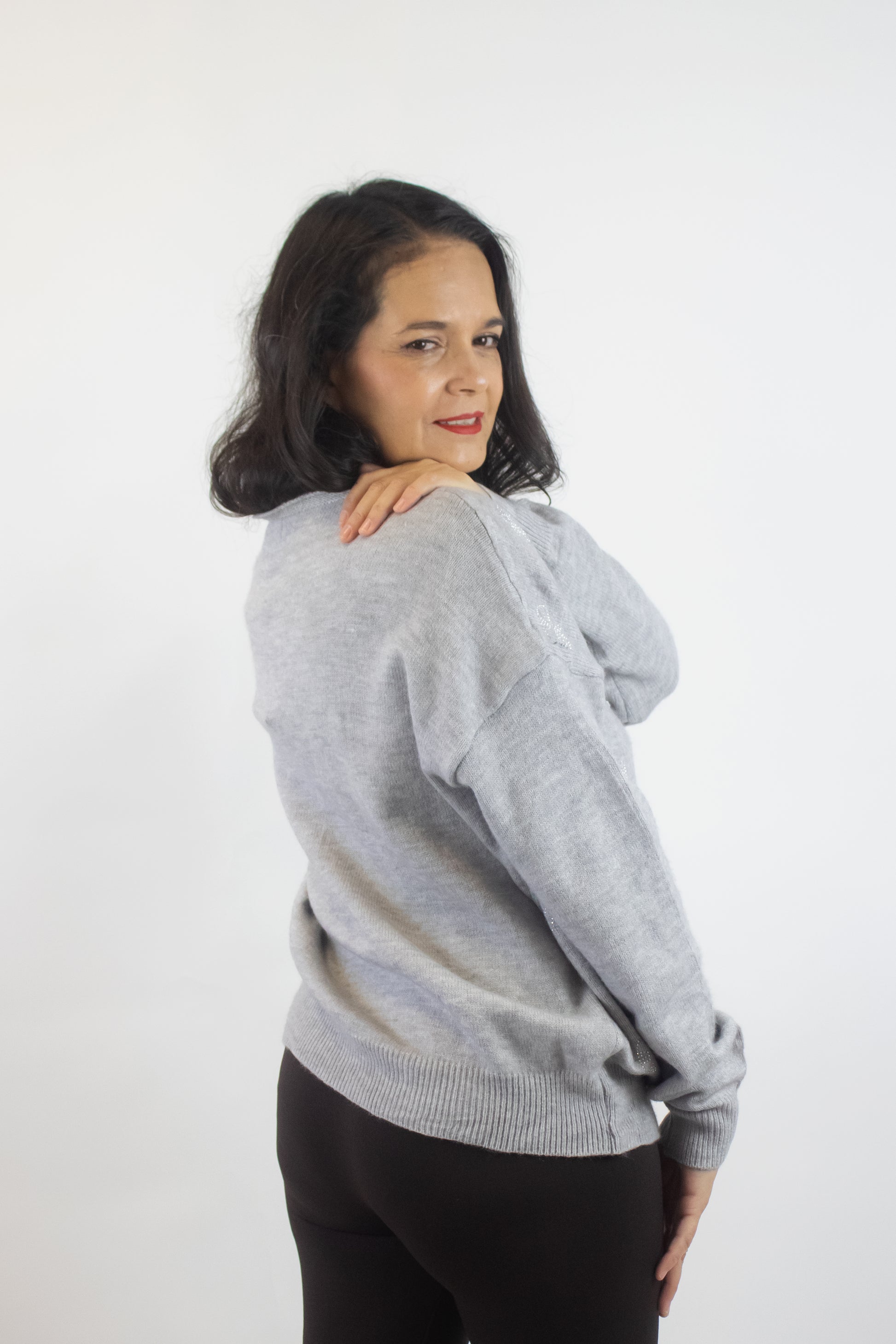 SQY30058 Suéter de Cuello V y Figuras de Brillos