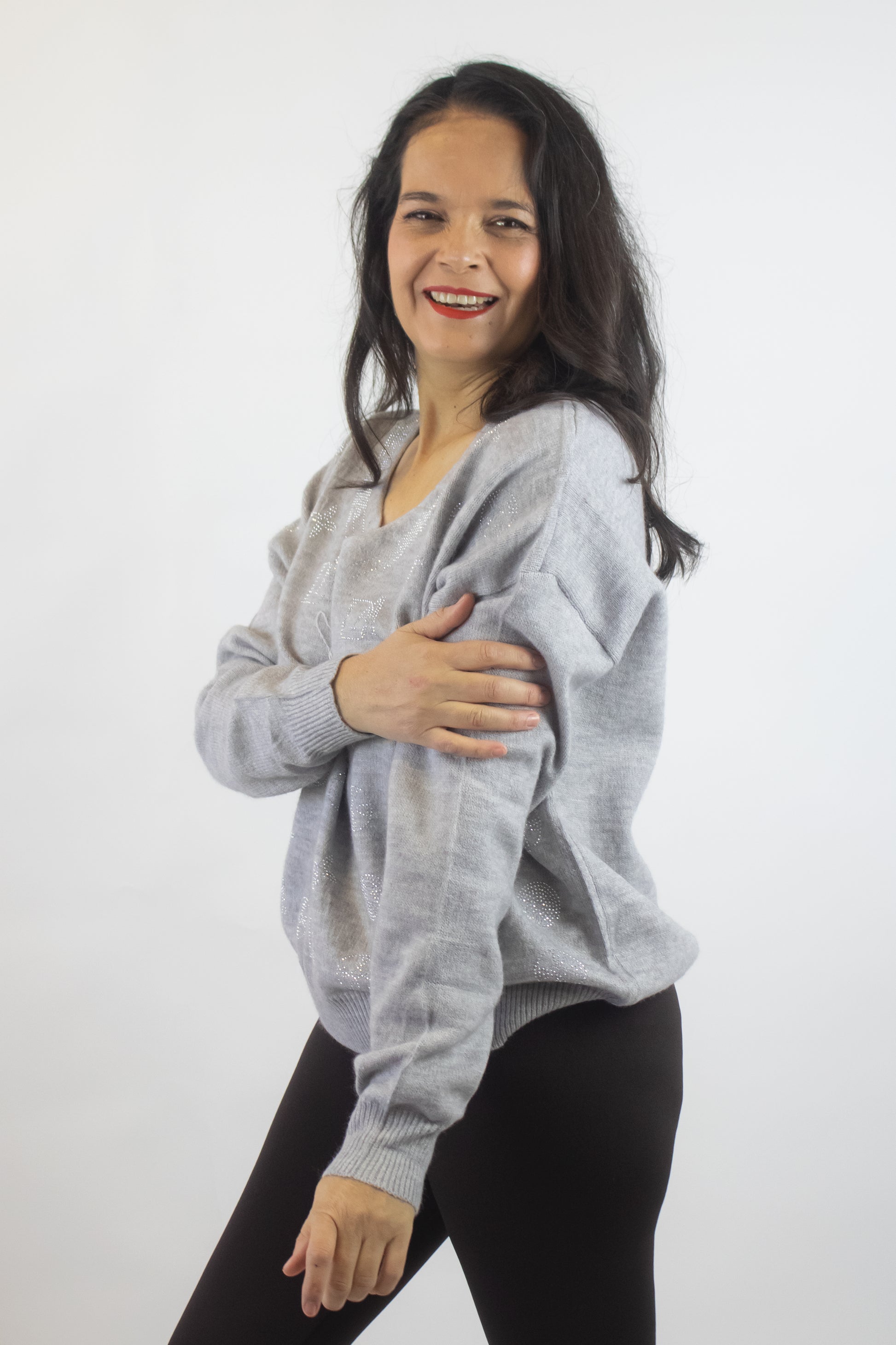 SQY30058 Suéter de Cuello V y Figuras de Brillos