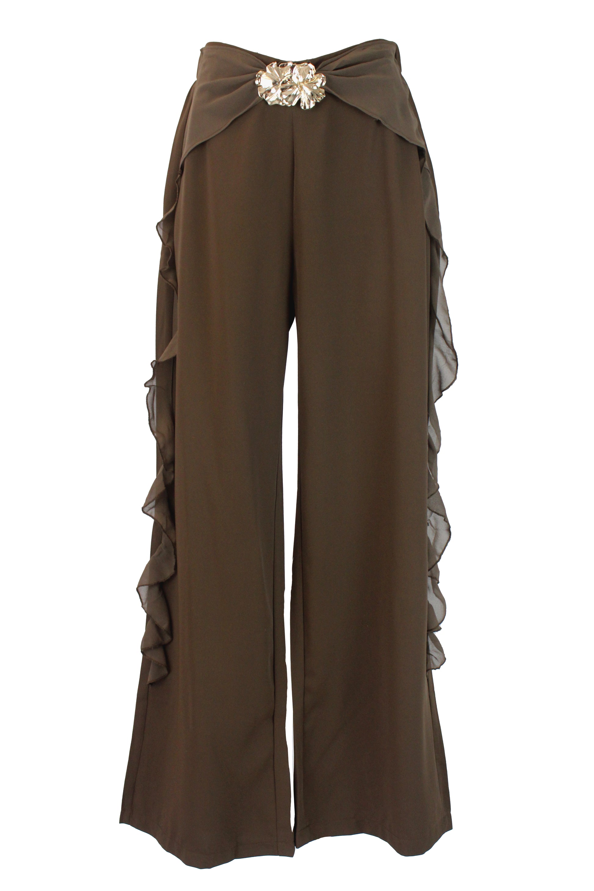 PS25917 Pantalón Lisa Ondas en Bordes Hebilla de Flores