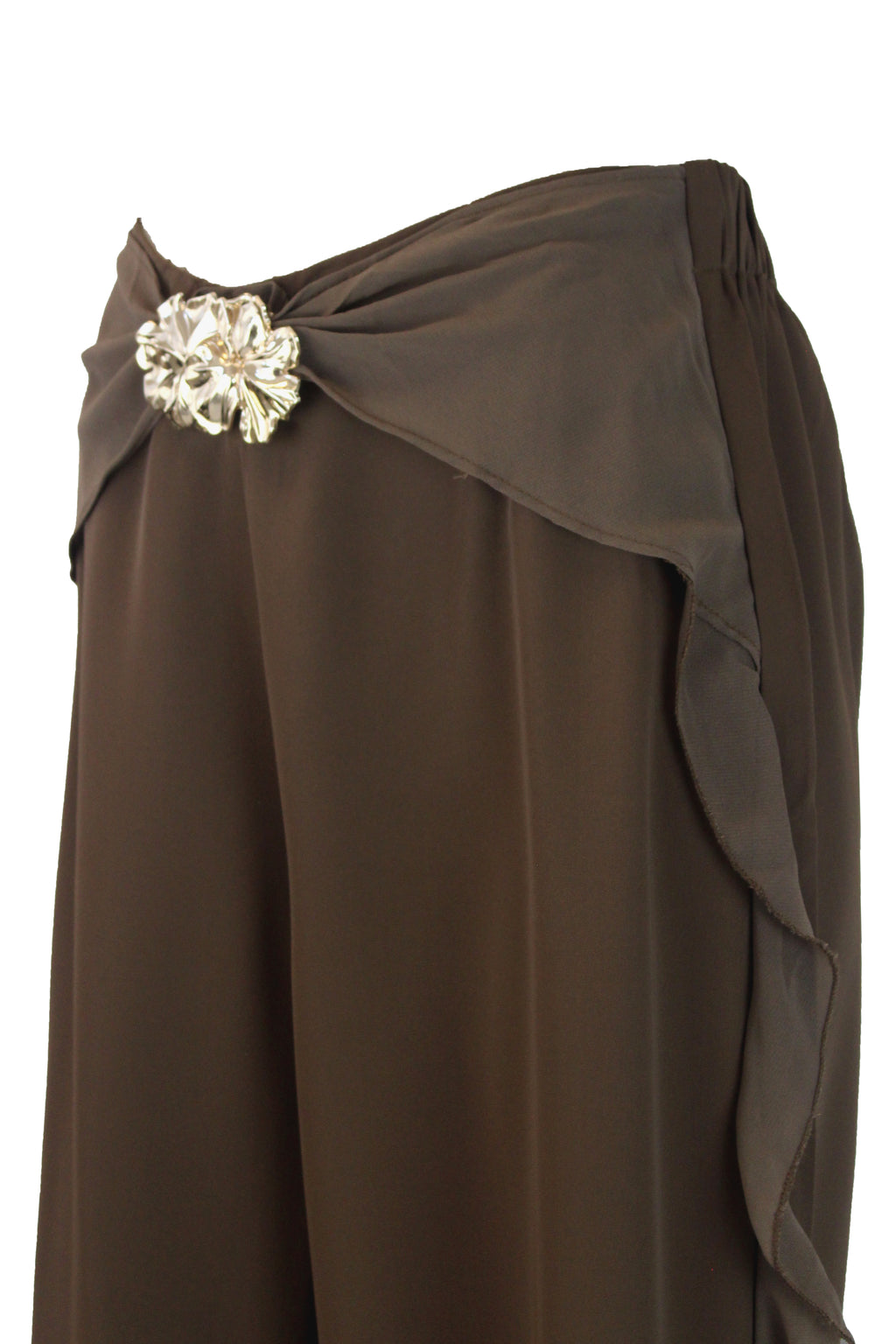 PS25917 Pantalón Lisa Ondas en Bordes Hebilla de Flores